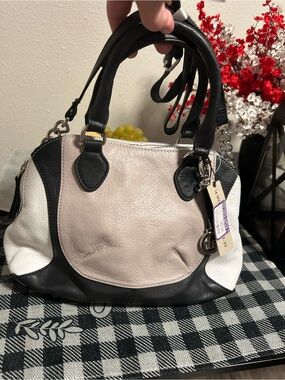 Audrey Brooke Black, Cream and White Colorblock Leather Satchel Crossbody NWT
